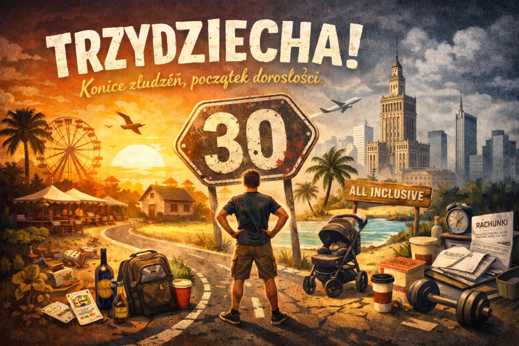 Trzydziestolatek stojący przed znakiem „30”, kontrast młodości i dorosłości – po lewej beztroskie wakacje, po prawej Warszawa, rachunki i codzienne obowiązki, metafora wejścia w trzydziestkę.