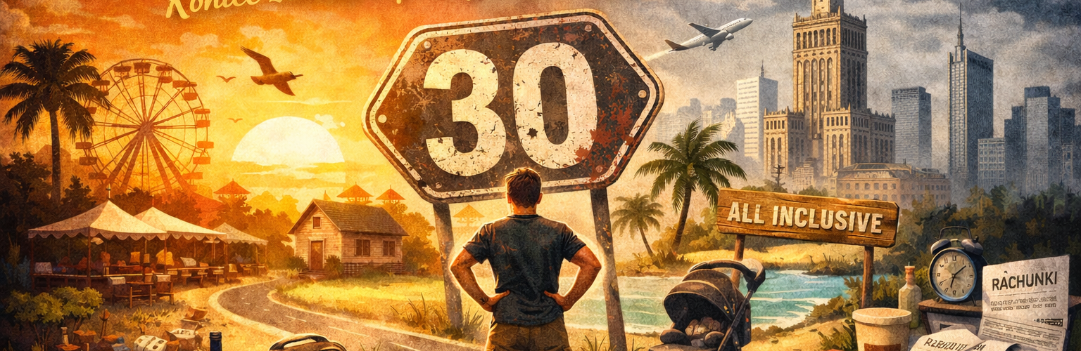 Trzydziestolatek stojący przed znakiem „30”, kontrast młodości i dorosłości – po lewej beztroskie wakacje, po prawej Warszawa, rachunki i codzienne obowiązki, metafora wejścia w trzydziestkę.